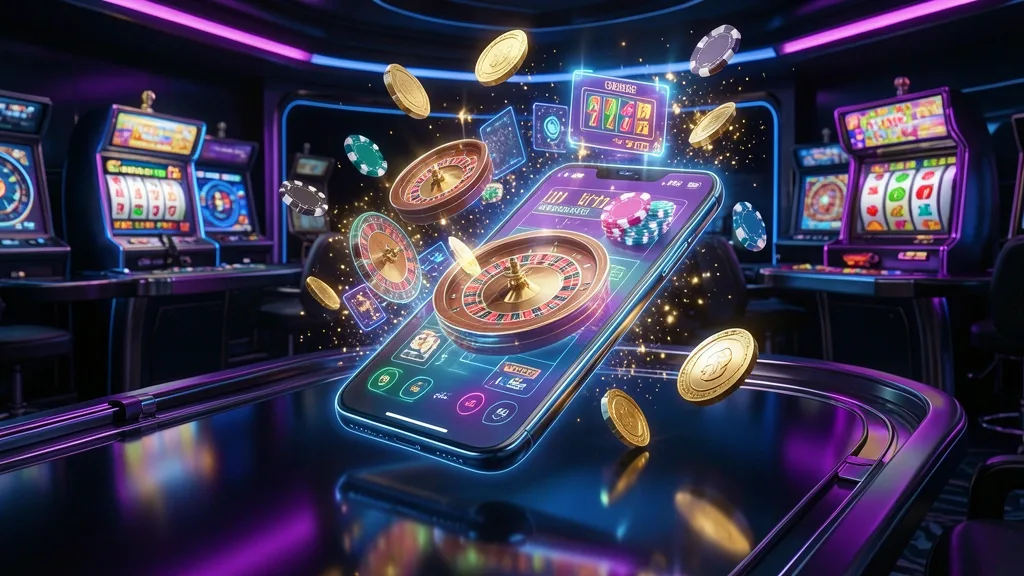 Glowing smartphone with holographic roulette, slots, poker chips, and coins