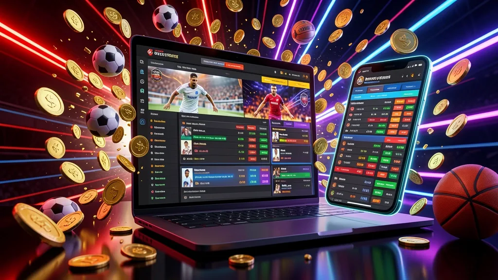 Laptop and smartphone displaying sportsbook interfaces with coins and sports elements