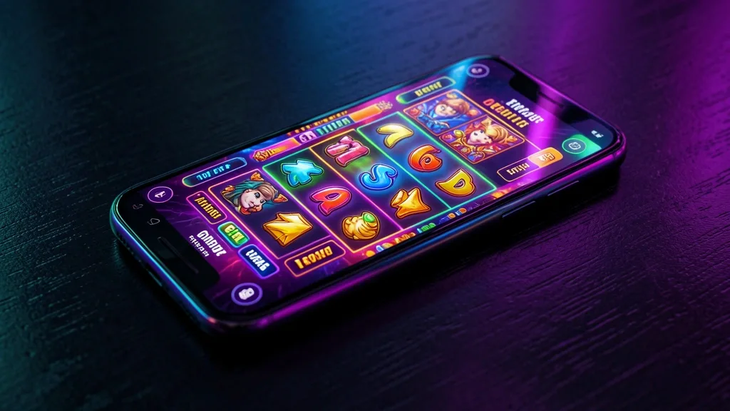 Smartphone displaying colorful slot game on dark table