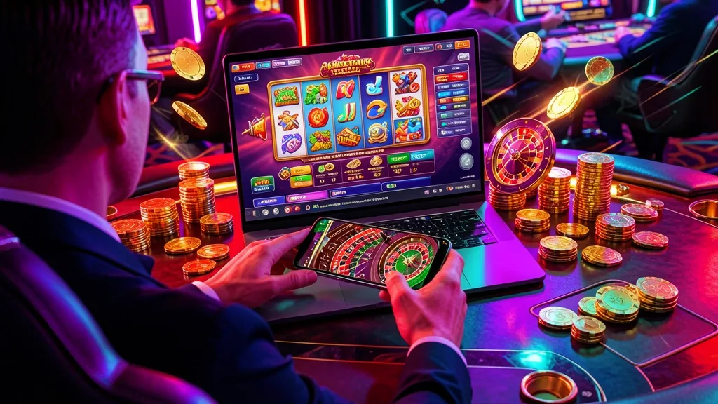 Casino player using laptop and smartphone displaying colorful games