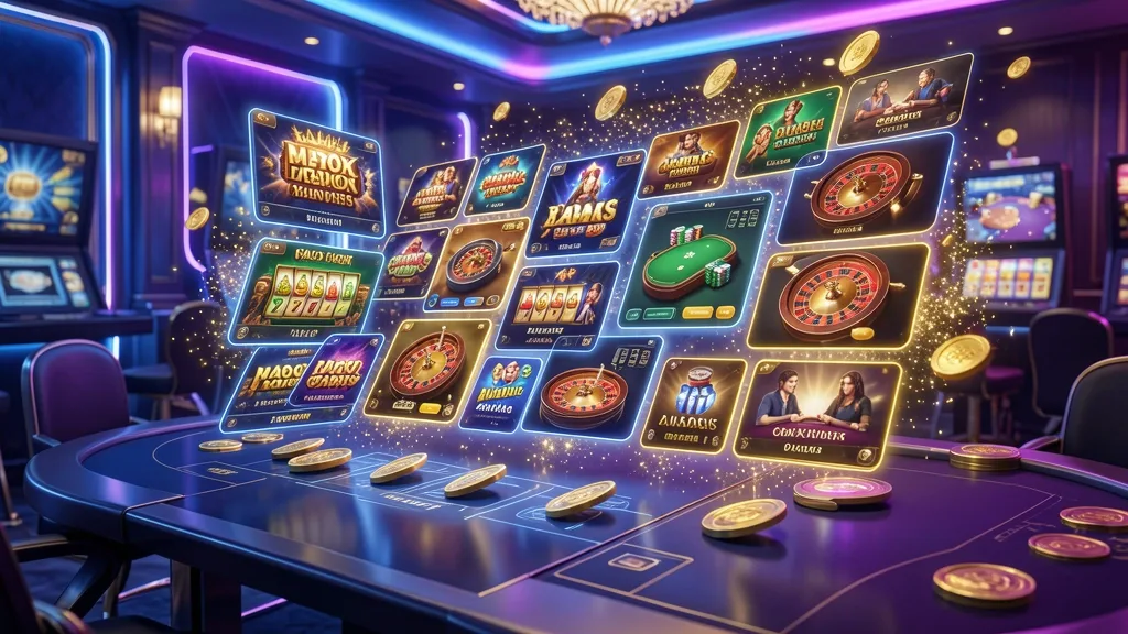 Online casino lobby featuring floating slot, roulette, poker, and live-game cards