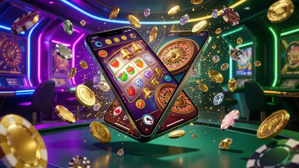 Floating smartphone displaying colorful casino games amid coins and golden particles