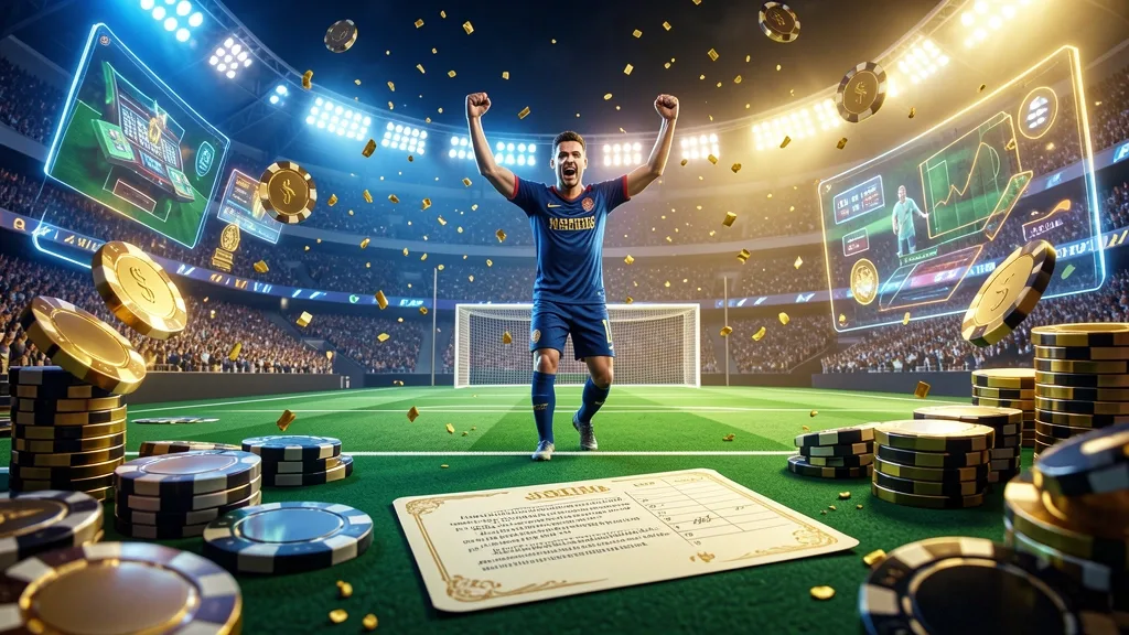 Football player celebrates decisive stadium goal amid golden betting rewards
