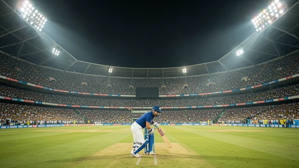 Cricket batsman ready at the crease in floodlit stadium