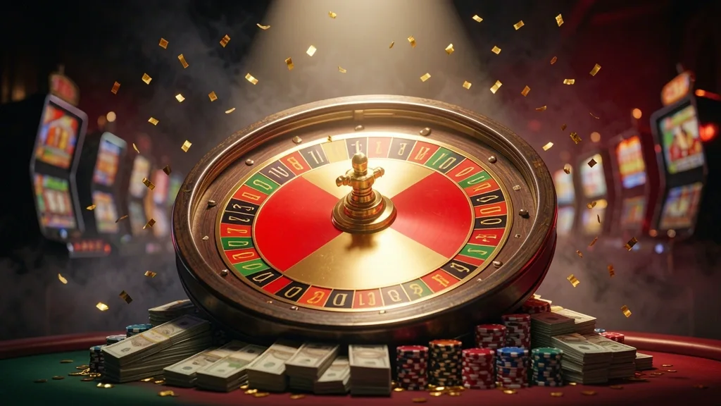 Giant money wheel stopping on red sector amid coins and confetti