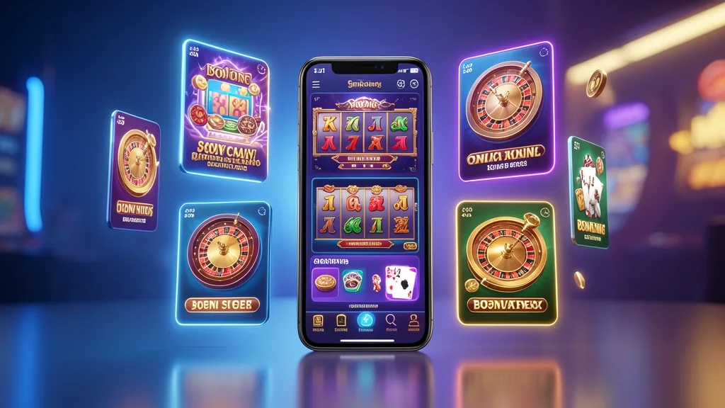 Smartphone surrounded by floating mobile casino game tiles