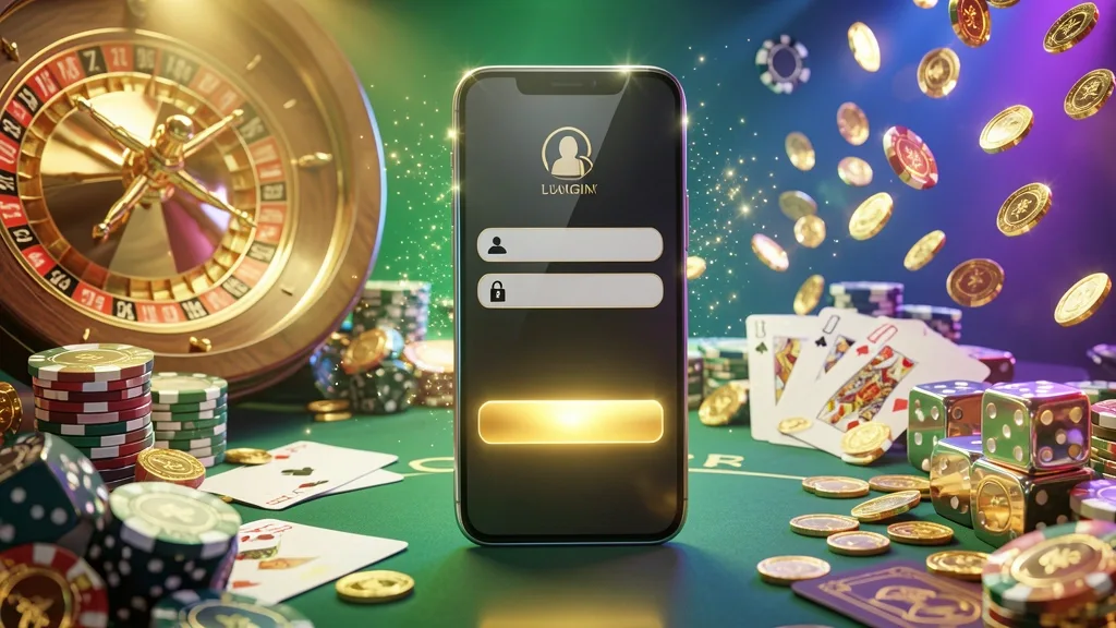 Smartphone showing casino login interface surrounded by chips, cards, and coins