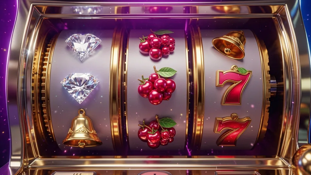Golden slot machine showing winning diamonds, bells, fruits, and sevens