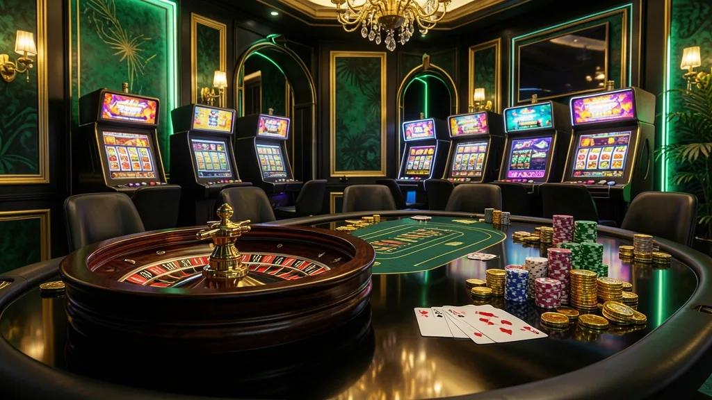 Luxurious black and gold casino table with roulette wheel and slot machines