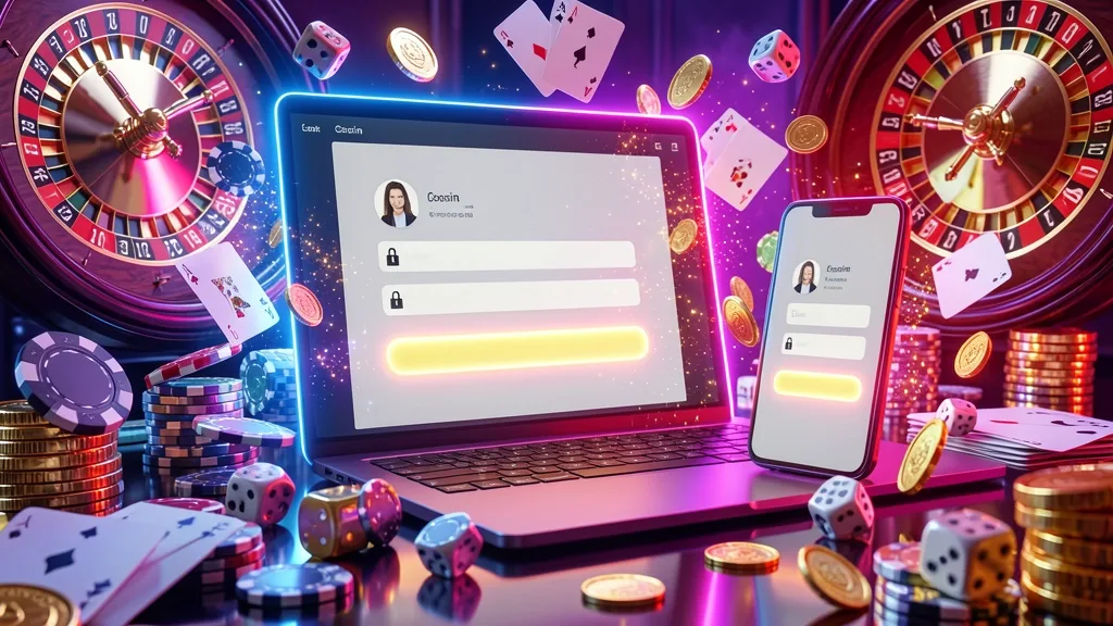 Laptop and smartphone displaying login interfaces amid glamorous casino symbols