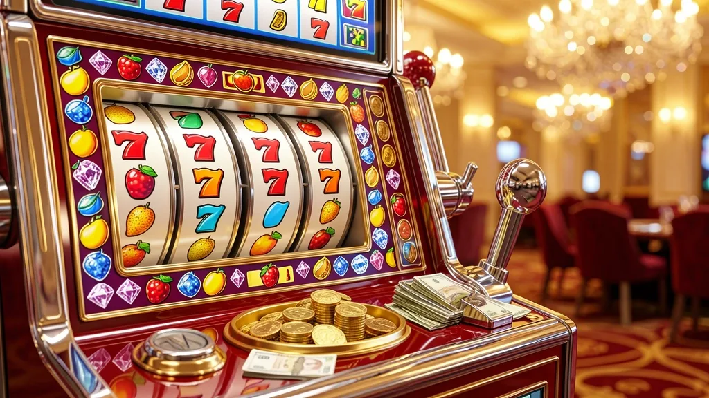 Luxury slot machine displaying winning sevens beside coins and banknotes